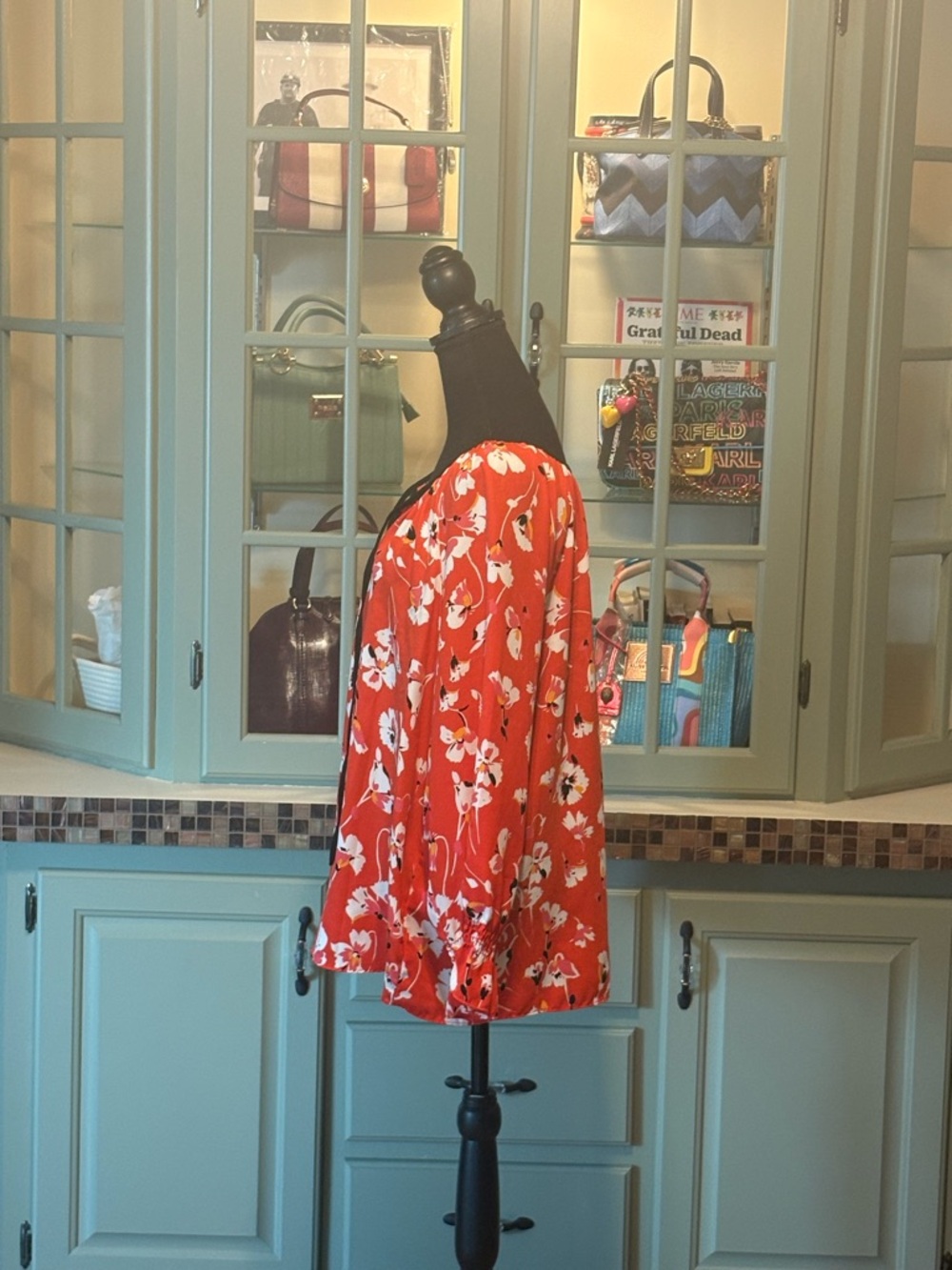 Bright Red Floral Tie-Neck Blouse - Picture 4 of 6